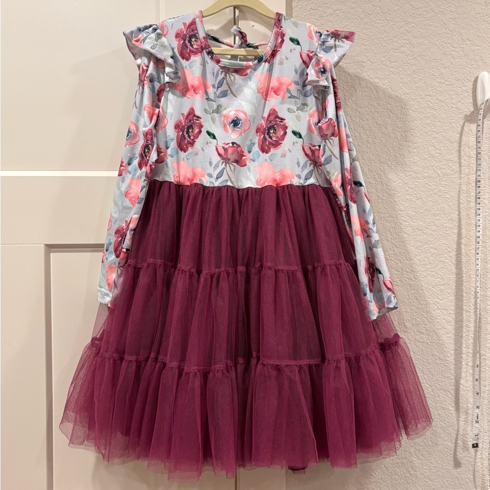 Floral Long Sleeve Dress with Burgundy Tulle